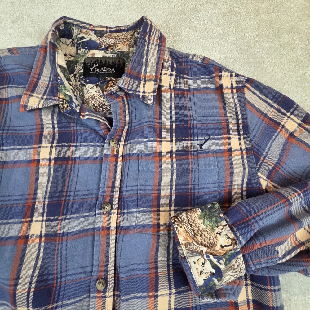 Pladra Flannel Shirt Mens XL Blue Plaid Contrast Owl Cuffs Outdoor Workwear USA